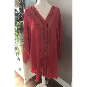 Vtg Inhibitions Sleep Shirt Gown Women XL Red Satin Gown Button Sheer Accent Y2K